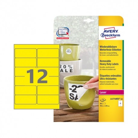 Etikett címke Avery Zweckform 99.1x42.3 mm lézer címke időjárásálló poliészter sárga 20 ív 240 db/csomag L6107-20