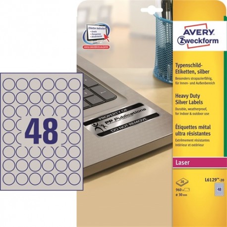 Etikett címke Avery Zweckform 30 mm kör lézer címke poliészter ipari ezüst 20 ív 960 db/csomag L6129-20