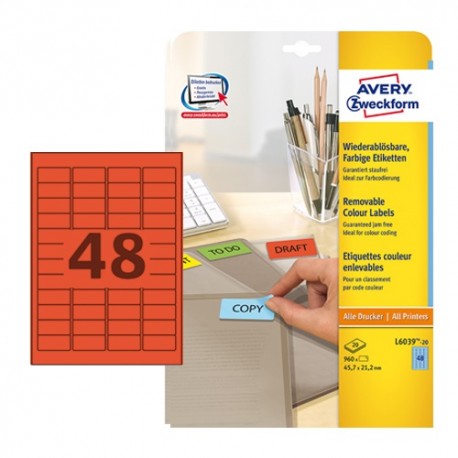 Etikett címke Avery Zweckform 45.7x21.2 mm univerzális címke visszaszedhető piros 20 ív 960 db/csomag L6038