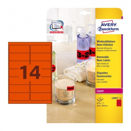 Etikett címke Avery Zweckform 99.1x38.1 mm lézer címke visszaszedhető neon piros 25 ív 350 db/csomag L7263R-25