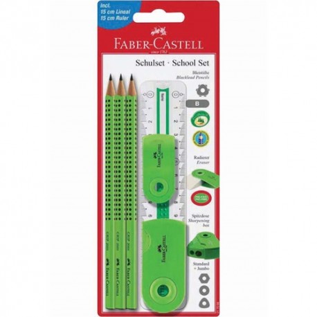 Grafitiron szett Faber-Castell Sleeve világos zöld (3db B Grip ceruza+hegyező+radír+15cm vonalzó)