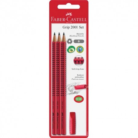 Grafitiron szett Faber-Castell Grip 2001 piros (3db B Grip ceruza+ kupakradír)