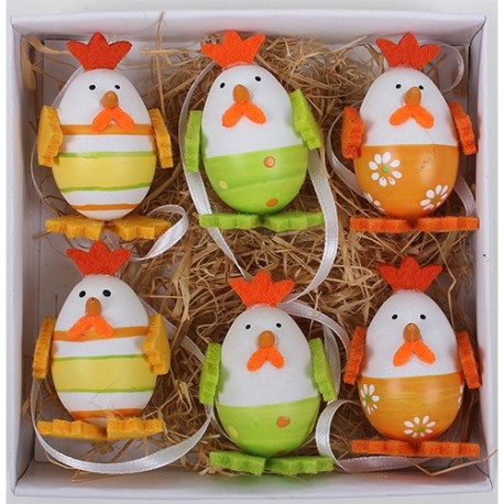 Húsvéti tyúkfigurás tojás sárgA/zöld/narancs 4cm 6 db/csomag