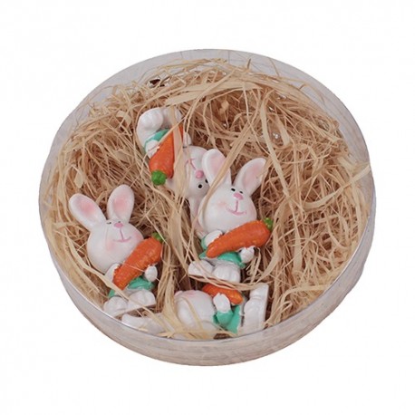 Húsvéti dekor nyúl répával plexitartóban 3,7 cm ( polirezin ) 4 db/doboz