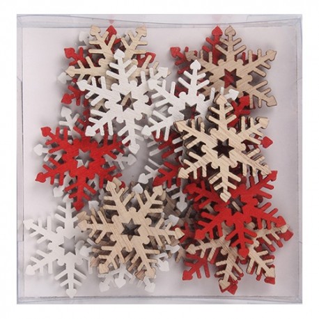 Karácsonyi fa dekoráció ragasztható 3 cm hópihe natúr/piros/fehér 24 db/doboz