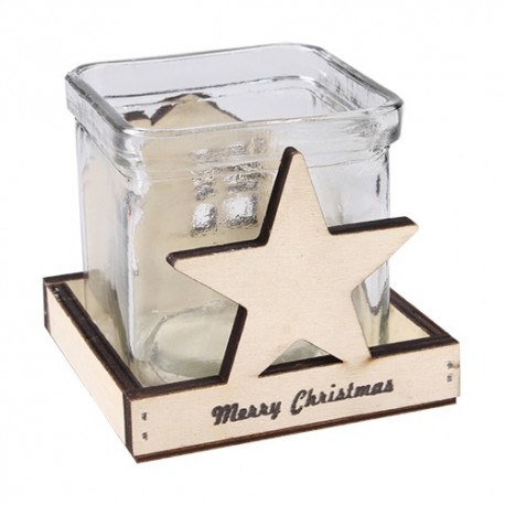 Karácsonyi üveg mécsestartó fa tartóban 9 x 8 cm csillag