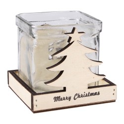 Karácsonyi üveg mécsestartó fa tartóban 9 x 8 cm fenyőfa