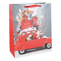 Dísztasak karácsonyi 11x14 cm Mikulás kocsiban ajándékokkal