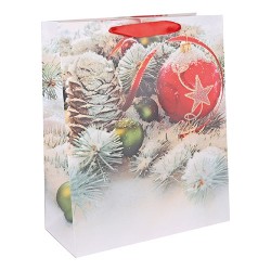 Dísztasak karácsonyi 11x14 cm havas toboz gömbökkel