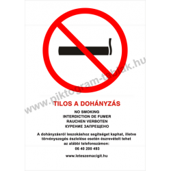 Tilos a dohányzás - 5 nyelven tűzvédelmi piktogram tábla