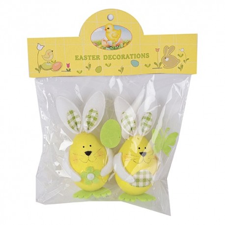 Húsvéti nyuszifigurás tojásdekoráció sárgA/zöld 11 cm 2 db/cs
