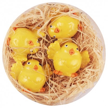 Húsvéti dekor csibe plexitartóban sárga 3 cm 4 db/kosár ( polirezin )