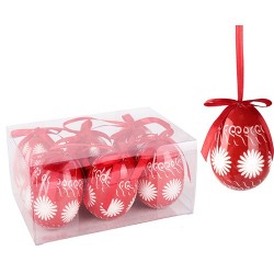 Húsvéti tojásdekoráció piros/fehér virágos 7,5 cm 6 db/doboz