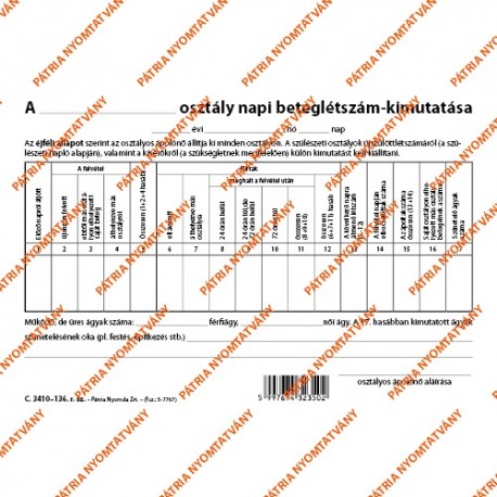 Napi beteglétszám kimutatás szabadlap A/5 fekvő