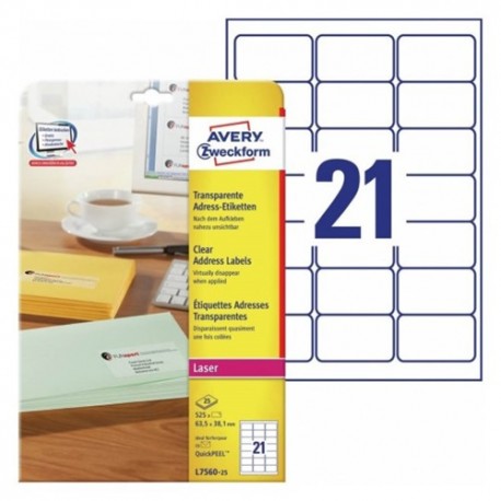 Etikett címke Avery Zweckform 63.5x38.1 mm lézer címke áttetsző 25 ív 525 db/csomag L7560