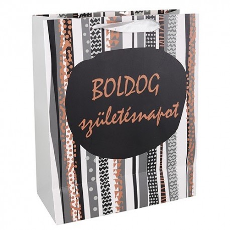 Dísztasak 18x23 cm ezüst/fekete Boldog szülinapot