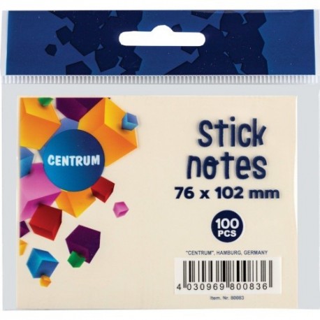 Öntapadós jegyzettömb Centrum Stick Notes 76x102 mm, 100 lapos, pasztel sárga