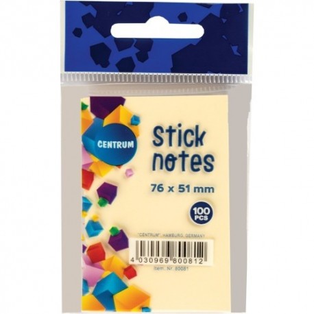 Öntapadós jegyzettömb Centrum Stick Notes 51x76 mm, 100 lapos, pasztel sárga