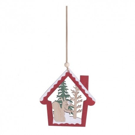 Karácsonyi dísz 9x12 cm fa házban mókus és fenyőfa