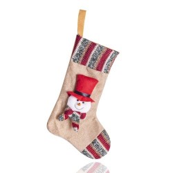 Karácsonyi zokni 36 cm textil akasztós Hóemberes barna