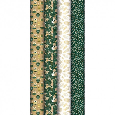 Díszcsomagoló tekercses Clairefontaine 70x500 cm 70g nyers kraft, erdei karácsonyi mintás, 4 minta